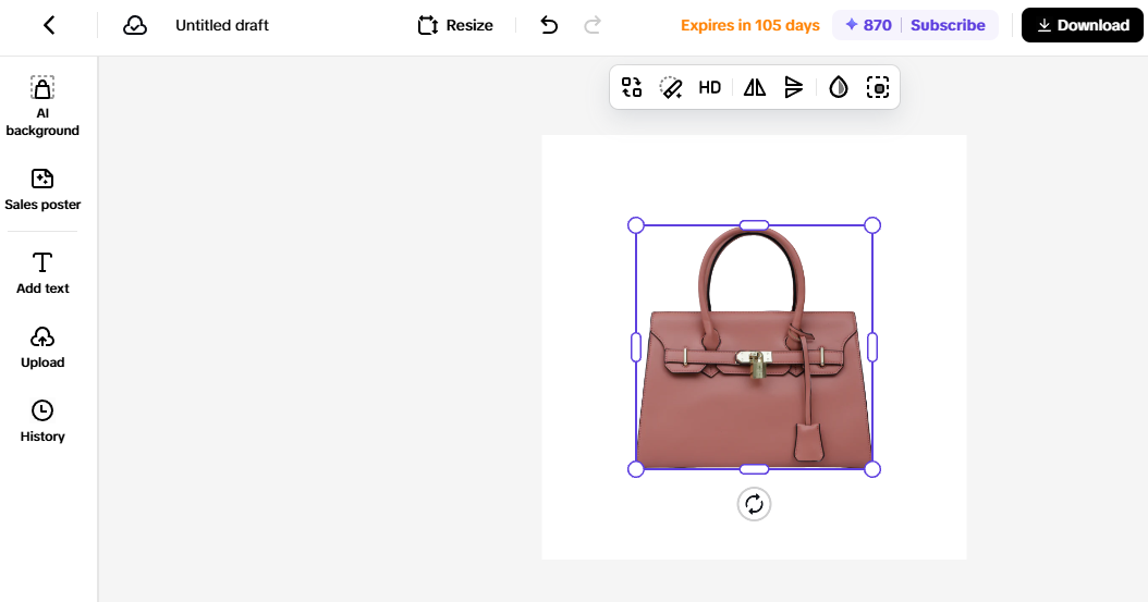 AI background removal used on an image of a pink handbag, perfect for showcasing in a dropshipping store. 